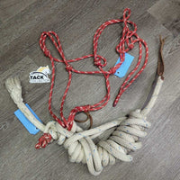 Soft Nylon Rope Hackamore & Mecate Reins, leather tassel *vgc, stretched loop, knots, mnr dirt, chews, dingy
