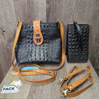 Moda in Pelle: Made in Italy 3 Piece Crocodile Set: Purse, Handbag & Wallet *xc/vgc, mnr stain?dirt, rubs, loose & pulled stitching & crease, torn lining edge
