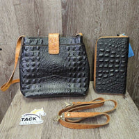 Moda in Pelle: Made in Italy 3 Piece Crocodile Set: Purse, Handbag & Wallet *xc/vgc, mnr stain?dirt, rubs, loose & pulled stitching & crease, torn lining edge
