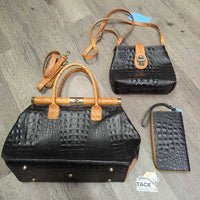 Moda in Pelle: Made in Italy 3 Piece Crocodile Set: Purse, Handbag & Wallet *xc/vgc, mnr stain?dirt, rubs, loose & pulled stitching & crease, torn lining edge
