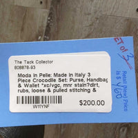 Moda in Pelle: Made in Italy 3 Piece Crocodile Set: Purse, Handbag & Wallet *xc/vgc, mnr stain?dirt, rubs, loose & pulled stitching & crease, torn lining edge
