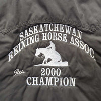 Puffy Vest, Wool Collar, Snaps "Sask Reining Champ", Wool Collar *gc, faded, puckers, collar: rubs, pills & stains
