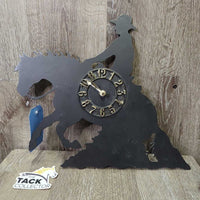 Metal Reining Horse Clock, Battery *gc, film, stains, rubs, scratches, WORKS
