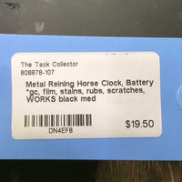 Metal Reining Horse Clock, Battery *gc, film, stains, rubs, scratches, WORKS
