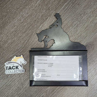 Metal Reining Horse -Stall Info - Card Holder *xc/vgc, mnr dusty, stained edges, scratches & scuffs, no screws
