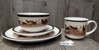 VINTAGE Dinnerware 16 pc Set: "Wild Horses" 4 x's Bowls, Mugs, Sm Plates, Lg Plates *1 bowl not for food use
