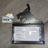 Metal Reining Horse -Stall Info - Card Holder *xc/vgc, mnr dusty, stained edges, scratches & scuffs, rusty screws
