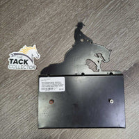 Metal Reining Horse -Stall Info - Card Holder *xc/vgc, mnr dusty, stained edges, scratches & scuffs, rusty screws
