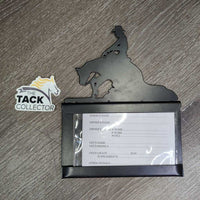 Metal Reining Horse -Stall Info - Card Holder *xc/vgc, mnr dusty, stained edges, scratches & scuffs, 1 rusty screw
