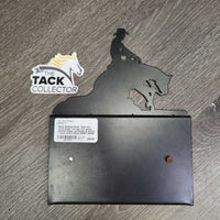 Metal Reining Horse -Stall Info - Card Holder *xc/vgc, mnr dusty, stained edges, scratches & scuffs, 1 rusty screw
