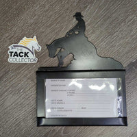 Metal Reining Horse -Stall Info - Card Holder *xc/vgc, mnr dusty, stained edges, scratches & scuffs, rusty screws

