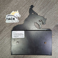 Metal Reining Horse -Stall Info - Card Holder *xc/vgc, mnr dusty, stained edges, scratches & scuffs, rusty screws
