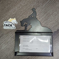 Metal Reining Horse -Stall Info - Card Holder *xc/vgc, mnr dusty, stained edges, scratches & scuffs, screws
