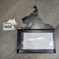 Metal Reining Horse -Stall Info - Card Holder *xc/vgc, mnr dusty, stained edges, scratches & scuffs, rusty screws
