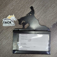 Metal Reining Horse -Stall Info - Card Holder *xc/vgc, mnr dusty, stained edges, scratches & scuffs, rusty screws
