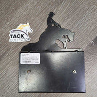 Metal Reining Horse -Stall Info - Card Holder *xc/vgc, mnr dusty, stained edges, scratches & scuffs, rusty screws
