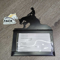 Metal Reining Horse -Stall Info - Card Holder *xc/vgc, mnr dusty, stained edges, scratches & scuffs, rusty screws
