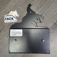 Metal Reining Horse -Stall Info - Card Holder *xc/vgc, mnr dusty, stained edges, scratches & scuffs, rusty screws
