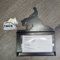 Metal Reining Horse -Stall Info - Card Holder *xc/vgc, mnr dusty, stained edges, scratches & scuffs, rusty screws
