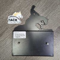 Metal Reining Horse -Stall Info - Card Holder *xc/vgc, mnr dusty, stained edges, scratches & scuffs, rusty screws
