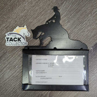 Metal Reining Horse -Stall Info - Card Holder *xc/vgc, mnr dusty, stained edges, scratches & scuffs, rusty screws
