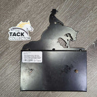 Metal Reining Horse -Stall Info - Card Holder *xc/vgc, mnr dusty, stained edges, scratches & scuffs, rusty screws
