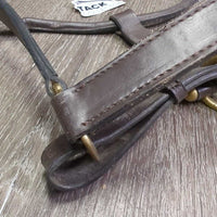 Leather Halter, adj, snap *vgc, clean & mnr dirt/residue, name plate holes, scratches, loose thread, rubs, scrapes
