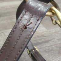 Leather Halter, adj, snap *vgc, clean & mnr dirt/residue, name plate holes, scratches, loose thread, rubs, scrapes

