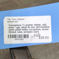 Leather Halter, adj, snap *vgc, clean & mnr dirt/residue, name plate holes, scratches, loose thread, rubs, scrapes
