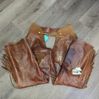 Thick Smooth Leather & Suede Full Chaps, Fringe, Buckstitch, Pocket *vgc, rubs, stains, scratches, marker
