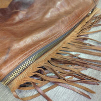 Thick Smooth Leather & Suede Full Chaps, Fringe, Buckstitch, Pocket *vgc, rubs, stains, scratches, marker
