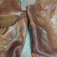 Thick Smooth Leather & Suede Full Chaps, Fringe, Buckstitch, Pocket *vgc, rubs, stains, scratches, marker

