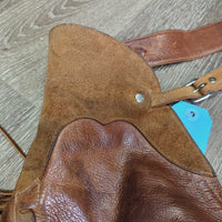 Thick Smooth Leather & Suede Full Chaps, Fringe, Buckstitch, Pocket *vgc, rubs, stains, scratches, marker
