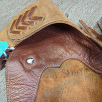 Thick Smooth Leather & Suede Full Chaps, Fringe, Buckstitch, Pocket *vgc, rubs, stains, scratches, marker
