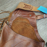 Thick Smooth Leather & Suede Full Chaps, Fringe, Buckstitch, Pocket *vgc, rubs, stains, scratches, marker

