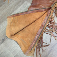 Thick Smooth Leather & Suede Full Chaps, Fringe, Buckstitch, Pocket *vgc, rubs, stains, scratches, marker

