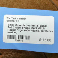 Thick Smooth Leather & Suede Full Chaps, Fringe, Buckstitch, Pocket *vgc, rubs, stains, scratches, marker
