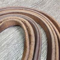 Pr Thick Narrow Leather Split Reins, leather laces *gc/vgc, scrapes, stains, rubs
