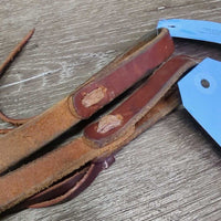Pr Thick Narrow Leather Split Reins, leather laces *gc/vgc, scrapes, stains, rubs
