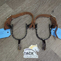 Narrow Twisted Western Rowel Spurs, Smooth Leather Spur Straps *vgc, clean, mnr rusty spots, scrapes, rough holes
