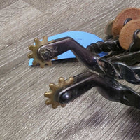Narrow Twisted Western Rowel Spurs, Smooth Leather Spur Straps *vgc, clean, mnr rusty spots, scrapes, rough holes
