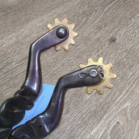 Narrow Twisted Western Rowel Spurs, Smooth Leather Spur Straps *vgc, clean, mnr rusty spots, scrapes, rough holes
