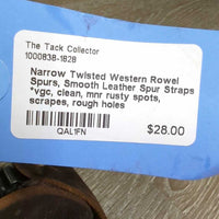 Narrow Twisted Western Rowel Spurs, Smooth Leather Spur Straps *vgc, clean, mnr rusty spots, scrapes, rough holes
