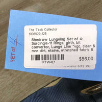 Lungeing Set of 4: Surcingle-11 Rings, girth, bit convertor, Lunge Line *vgc, clean & mnr dirt, stains, stretched fabric & holes
