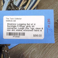Lungeing Set of 4: Surcingle-11 Rings, girth, bit convertor, Lunge Line *vgc, clean & mnr dirt, stains, stretched fabric & holes
