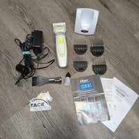 Cordless Clipper Set: charging cord, Blade, 4 guards, sm oil, brush, base, box, info sheet *WORK! Sound Great, clean, mnr stains & rubs
