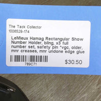 Rectangular Show Number Holder, bling, x3 full number set, safety pin *vgc, older, mnr creases, mnr undone edge glue
