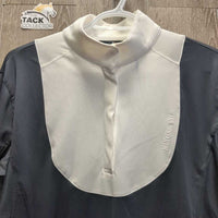 LS Show Shirt, 1/2 Snap Up, Snap Collar, Mesh Sleeves *vgc, older?, mnr seam puckers & unstitched seam - loose seam

