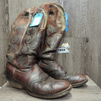 MENS Pr Round Toe 15" Tall Western Boots *fair, residue, cracks, worn down soles, cuts, rubbed, stained, dry
