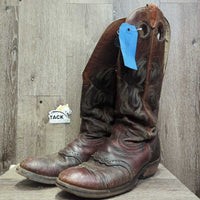 MENS Pr Round Toe 15" Tall Western Boots *fair, residue, cracks, worn down soles, cuts, rubbed, stained, dry
